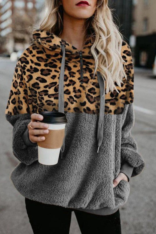 Gray and Leopard Print Teddy Bear Hoodie