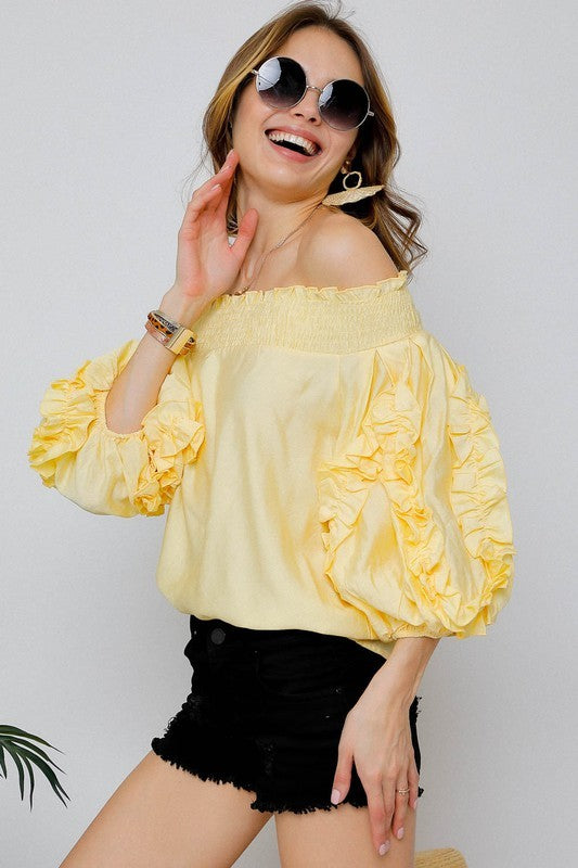 Ruffled Puff Shoulder Off Shoulder Top