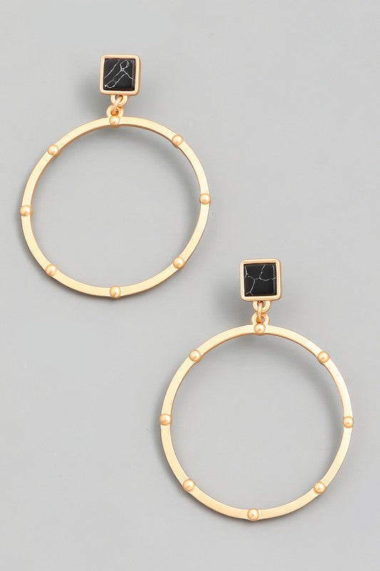 Square Stone Circle Hoop Drop Earrings