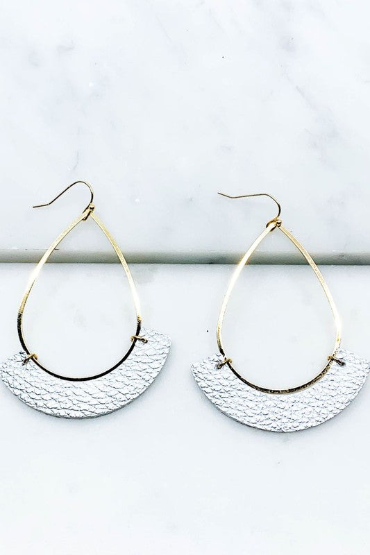 Gold Earring with Faux Silver Leather Detail