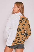 Load image into Gallery viewer, White and Leopard Print Cable Knit Sweater With Open Shoulder
