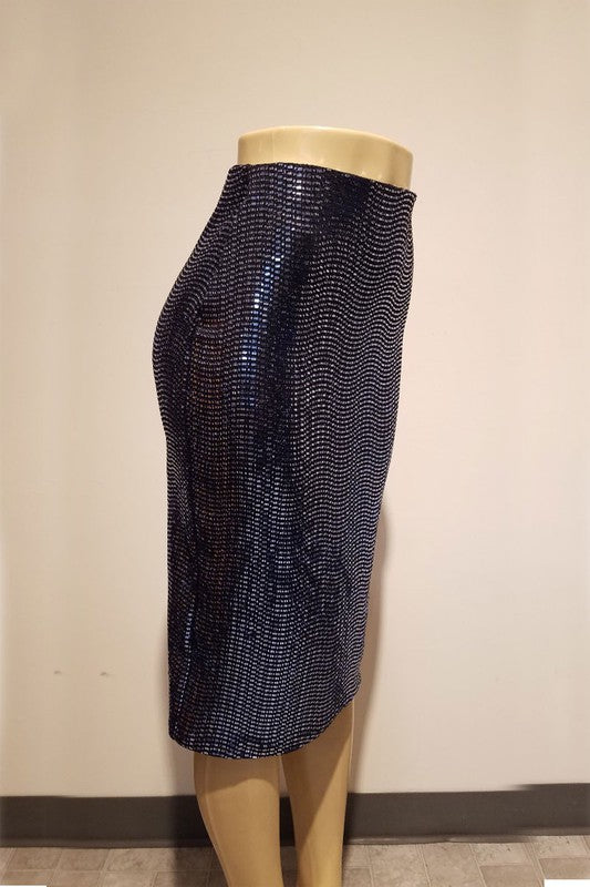 Midnight Blue Sequin Pencil Skirt with Elastic Waistband