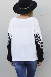 Black and White Waffle Knit Top with Leopard Accent