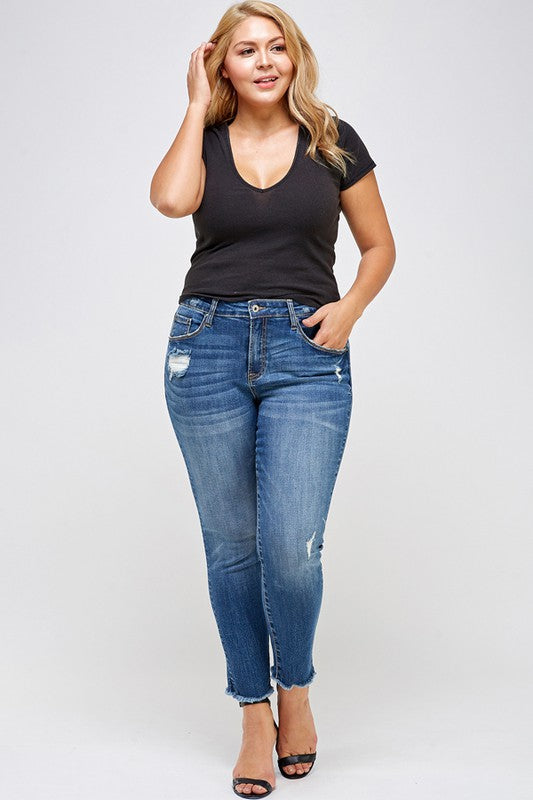 Plus Size Distressed Denim Jeans with Fringed