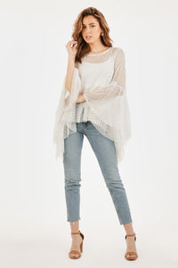 Polka Dot Sheer Top with Lace Detail and Flutter Wing Sleeves