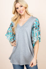 Load image into Gallery viewer, V-Neck Top with Shimmer Snake Skin Pleated Sleeve
