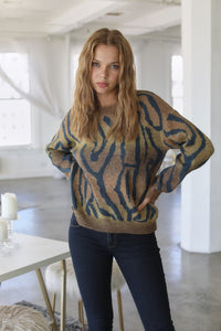 Tiger Print Long Sleeved Round Neck Sweater