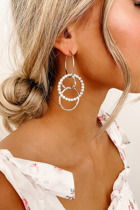 Silver Interlocking Hoop Earrings with Rhinestone Detail