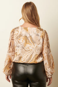 Plus Size Marble Print Surplice Blouse