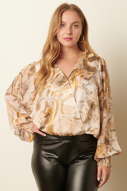 Plus Size Marble Print Surplice Blouse