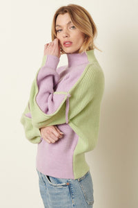 Lavender & Mint Mock Neck Color Block Sweater