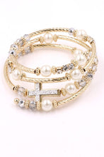 Load image into Gallery viewer, Pearl and Cross Metal Coiled Bracelet
