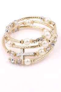 Pearl and Cross Metal Coiled Bracelet