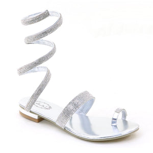 Silver Rhinestone Gladiator Sandals with Toe Ring