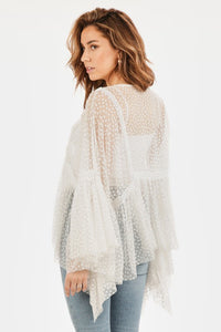 Polka Dot Sheer Top with Lace Detail and Flutter Wing Sleeves